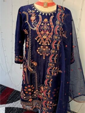 Ethnic Indian Wear Navy Blue Embroidered Salwar Kameez with Coral Accents